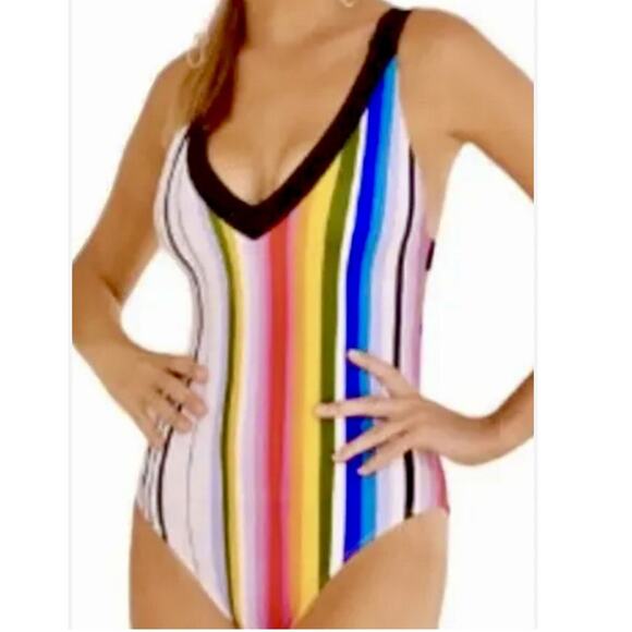 Rachel Roy One Piece Stripe Swimsuit Sz Small NWOT Rainbow Lattice Back Beach - Picture 4 of 9